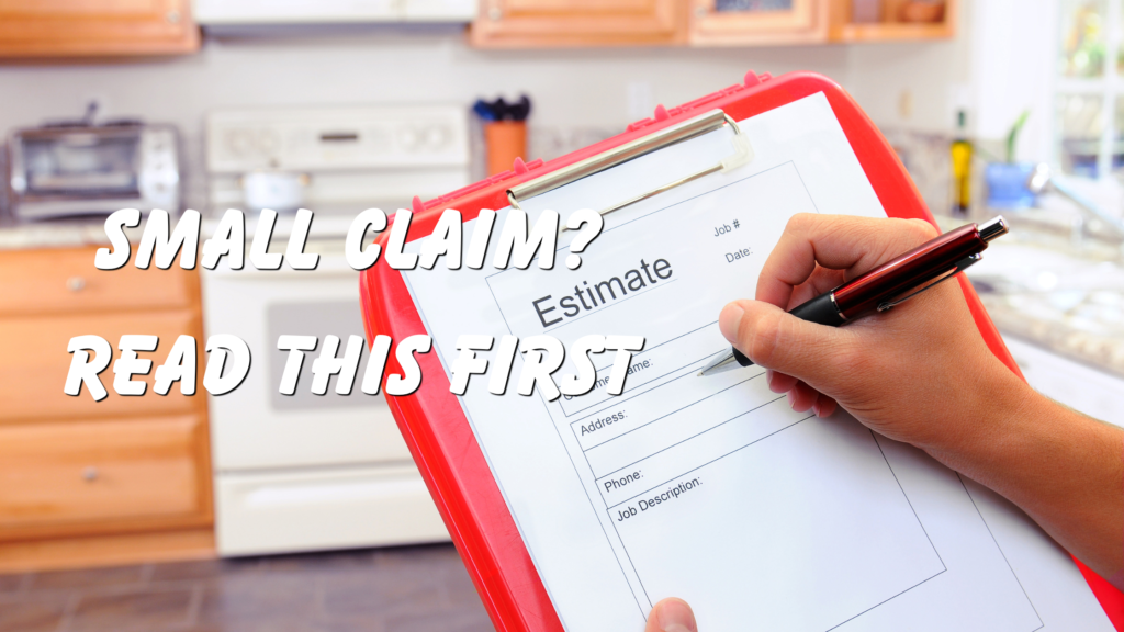 A hand holding a pen and filling out an estimate form on a red clipboard in a kitchen.